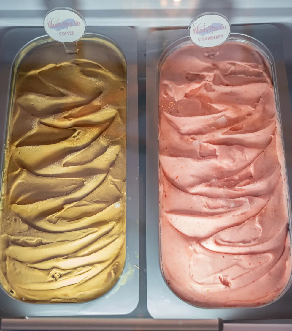 Close-up of artisan gelato flavors served by Blush Fizz Co.